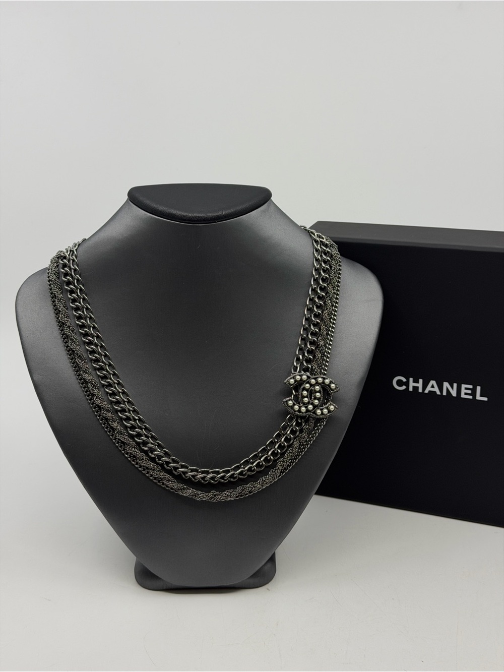 Chanel Spring 2014 Pearl CC Multi-Strand Necklace Dark/Aged Silver